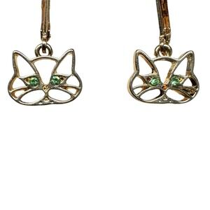 Pet Friends New York Cat‎ Earrings Gold Tone Green Eyes Lever Back Jewelry